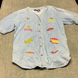 Vintage Las Vegas Denim Shirt, Hotel Patches, Embroidered, Button-Down, Size M